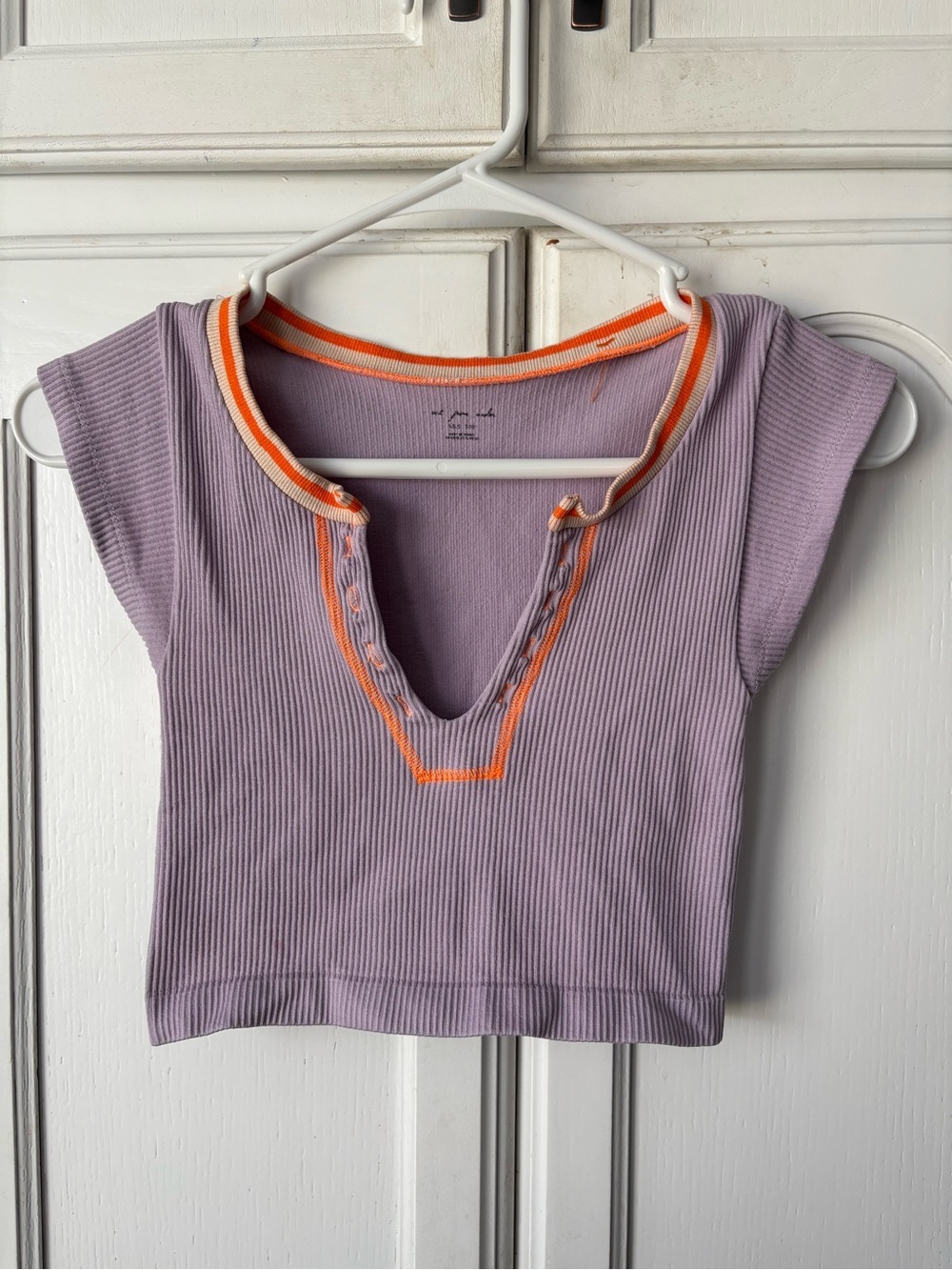 Urban Outfitters Lavender Ribbed Cap-Sleeve Crop Top with Orange Trim